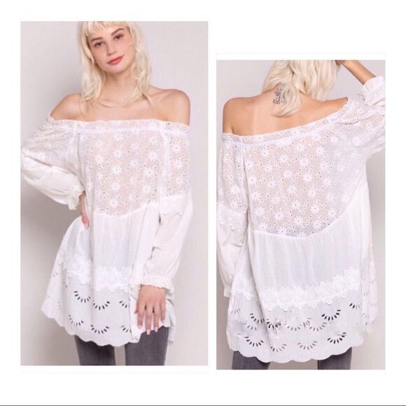 white Off Shoulder Tunic w Lace Trim & 3/4 Sleeves - Picture 4 of 15